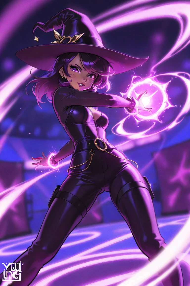 1girl (shadowcat, kitty pryde), absurd, close up, masterpiece, brown eyes, fair skin, long brown hair, small breasts, toned body, yellow and black costume showing shoulders, highres, (skirt), looking at the viewer, solo, dark background, dancing on a strip club, at nigght, bar