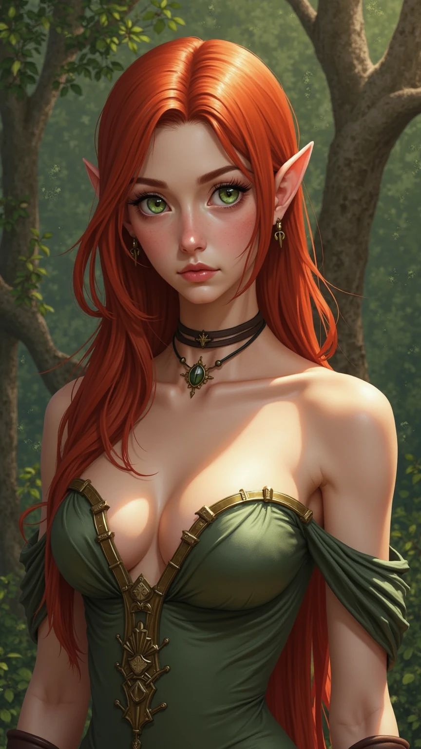 1girl, elf, earrings, forest, flowers, natural lighting, masterpiece, highly detailed, illustration, game CG, absurdres, high quality, medium breasts, redhead, long curly hair, freckles, glossy lips, on her knees, looking up at viewer, seen from above, cleavage, erotic fantasy, Boris Vallejo, dress made from leaves, skimpy