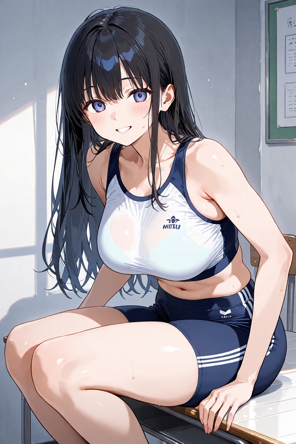 1womanl,Black hair,14years ,(()),Beautiful breasts,(((sexy white and blue shiny gym clothes)))(())(((Blushing cheeks、Smile with open mouth)),(((Satin Narico))),((( portlate))),Crowds,Shiny white and blue gym uniform,