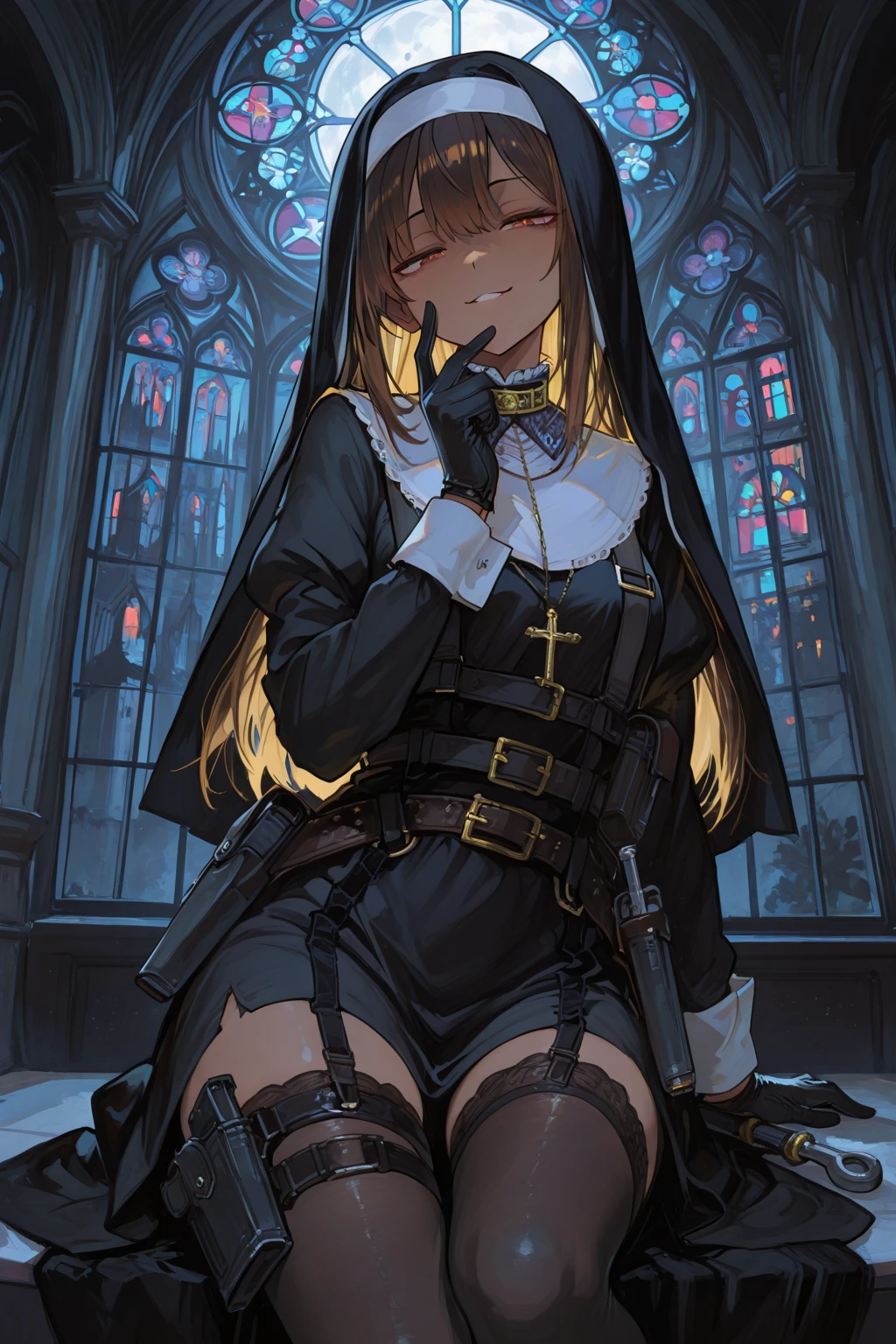 araffe dressed in black sitting on a pew with a cell phone, commission for high res, helltaker, mistress, a nun, dominatrix, nun outfit, commission for, vampire nun, biblical female rage angry, nun fashion model, an evil nun, holy inquisition