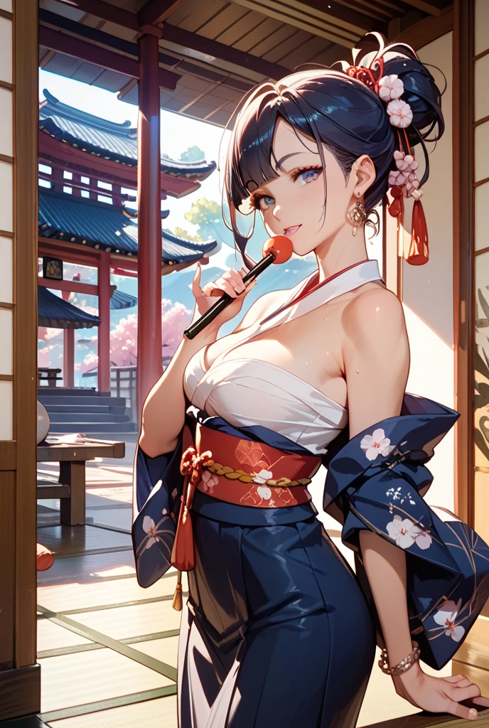 In a tasteful Japanese-style room、A beautiful woman sat quietly。In search of coolness、The figure of her gracefully manipulating the fan in her hand、It&#39;s as if it jumped out of an ukiyo-e painting.。Her porcelain-like skin shines in the sunlight、Her lips, as pretty as cherry blossom petals, are smiling faintly。From the cool, narrow eyes、Deep black, shining eyes stare into silence