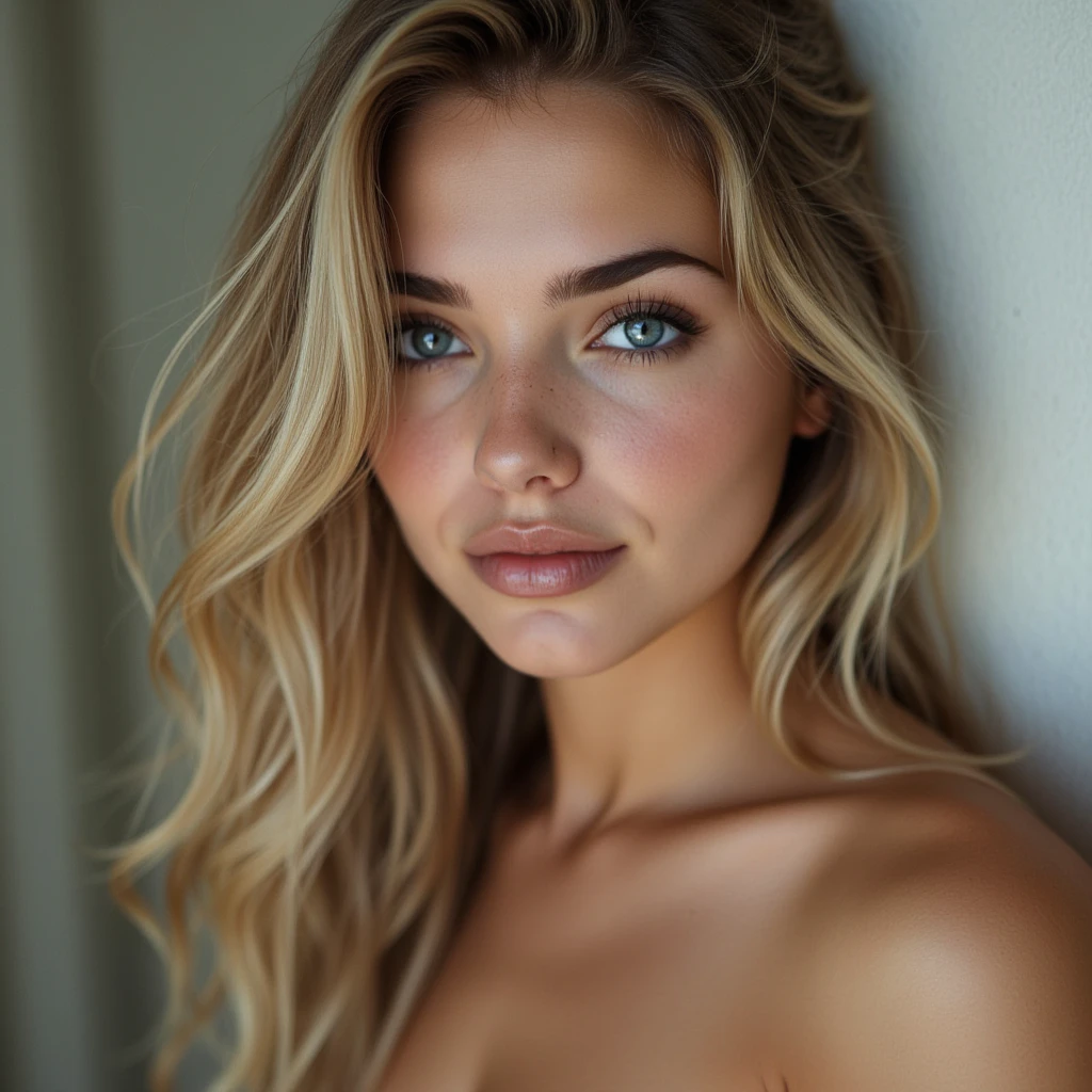 Beautiful brunette with blonde highlights wearing a t-shirt (in house), highy detailed, 19 years old, , boobies, inoccent face, natural wavy hair, blue colored eyes, high resolution, bare shoulders, work of art, best qualityer, high and intricate details, highy detailed, sharp focus, skin detailed, realistic skin texture, texture, detailedeyes, proffesional, 4K, charming smile, filmed in canon, 85 mm, Shallow depth of field, kodak vision color, perfect shape body , extremely detaild, fot_\(ultra\), fotorrealisitic, realisitic, Post-processing, maximum details, roughness, real-life, ultra realistic, fotorrealism, fot, 8k hd, fot, busty