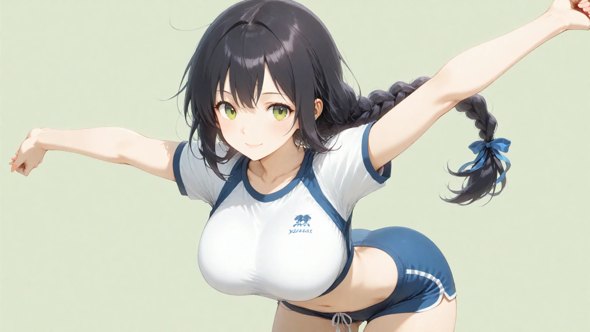 best quality,extremely detailed,anime style,1girl,Long hair down to the waist,straight hair,Dark black hair with bluish,Braid on top of the head,ponytail,beautiful detailed eyes,pinched eyes,dark blue eyes,huge breasts,smile,((dynamic pose)),white base swim clothing, Fluttering and mysterious clothes,((hair ornament)),beach,summer