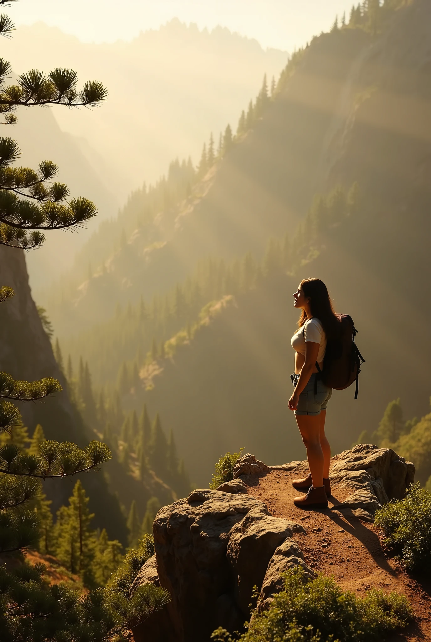 A beautiful girl with a backpack hiking alone through a misty mountain trail, pausing to admire the scenic view from a cliff edge, surrounded by pine trees and golden sunlight rays — looks romantic, smiley face, happy mood, detail photo, 8k, reality, long detailed brown hair, highly detailed facial features, cinematic lighting, dramatic atmosphere, vibrant colours, detailed background, intricate details, photorealistic, high resolution, 8k, best quality, an award-winning photo, masterpiece