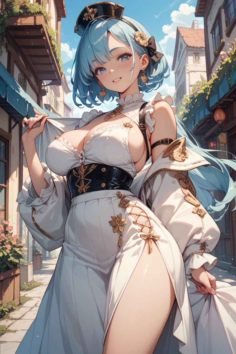 beautiful woman,Folk Girl,blonde with blue eyes,Wear a rococo ball gown to look elegant. Decorated with a long, fluffy skirt.,Beautiful rococo style evening gown with amazing details. Complete with a long skirt with large ruffles.,countryside,countryside,beautiful scenery,European Middle Ages,smile with teeth,forehead,forehead exposed,very big breasts,ear nipple ring,side waist slit,tightitt,((side chest)),Lace panties,Panties,((big tits)),(pubic bone),(Hold your hands on your chest.), rift, visible chest, Show your breasts, open chest, I see bulging nipples,,(((large areolae:1.4,pink,The nipples are clearly visible...))),Navel drive,dance,dance, ((((2 young women ,beautiful woman))))