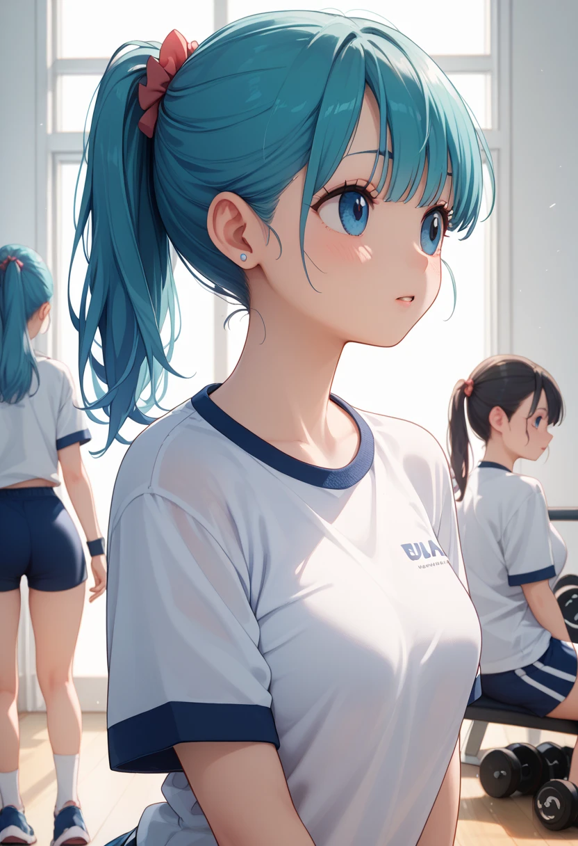 A boy in a  hugs me from behind、Big Breasts、Cute light blue bra、Plain white, soaked with sweatＴshirt、ブラがtshirtに透ける、Cute light blue string underwear、A girl is hugged and kissed by a tall boy in gym clothes、classroom