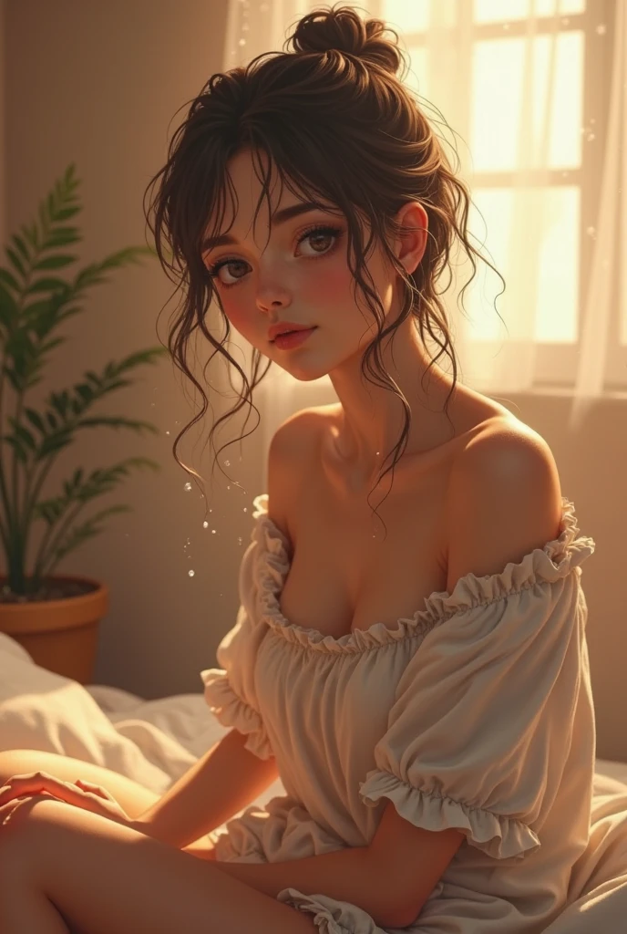 There's a sexy 30-year-old European woman (Modelo Hannah Palmer) posando em banheiro. Mulher branca com sardas, sardas no rosto, olhar expressivo, rosto detalhado, She's naked wearing a fluffy white bathrobe, totalmente sem roupa por baixo, corpo molhado, piercing na barriga, seios grandes, volumosos e arredondados, seios naturais (Angela White), Madeixas grandes e naturais, Large melons, seios arredondados, mamilos duros, Excitado, visible private parts,  detalhada, Depilado, muito molhada, olhos lindos e verdes, olhar lascivo e sedutor, half-open lips, grosso, red lips, sexy, breasts are wet, water running down your body, piercing na barriga, cabelos longos e encaracolados, cabelos ondulados, Corte Loiro, loiro com raiz escurecida, raiz dos cabelos escurecida, tatto on the arm and neck, Tatto tribal, Casa de banho com luz natural, casa de banho rica em detalhes, outer space, dust particles in light, great contrast, sombras naturais, Underneath view, olhar de baixo, vista de baixo, close-up nos seios, Ultra-cinematic filter, imagem bem sombreada, anatomia perfeita, mulher quente, sensual, corpo bem iluminado e sombreado, detalhado, 4k, 8k, Ultra Definition.