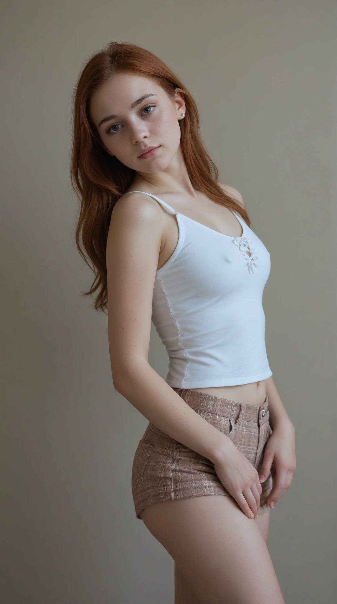 1 girl in, 19 years old, standing alone, aesthetic art, Irish, strawberry blonde wavy hair, hair to the shoulders, Chifres Pequenos, grey-eyed, light grey-eyed, some small freckles, pale skin, Runner's body, demon tail, ( texturized skin, skin pore:1.1), shiver, wearing a red see-through nightgown with nothing underneath, Well good, exposed tits, pose sexy
