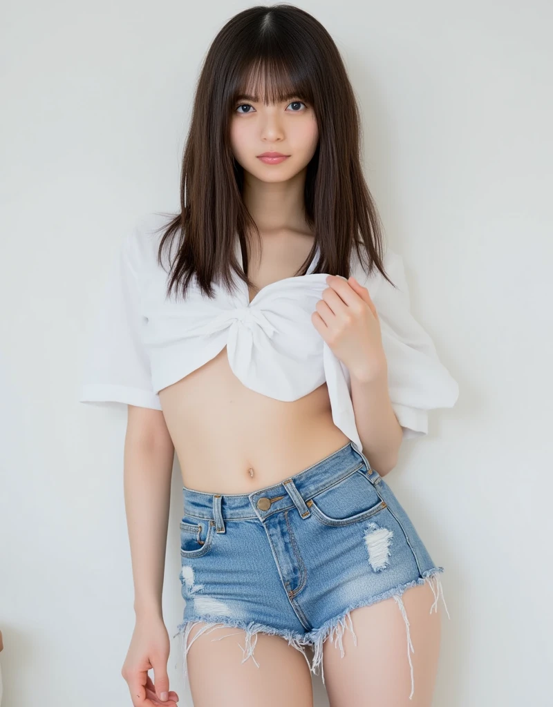 Twenty year old Japanese woman , medium black hair , greeneyes , eighty centimeters in bust , ninety centimeters of hip , extremely attractive body , short stature , short white strapless blouse showing navel , extremely short blue denim shorts , barefoot , fully body , standing backwards , lying on the bed face up , holding legs up , at night , full moon night