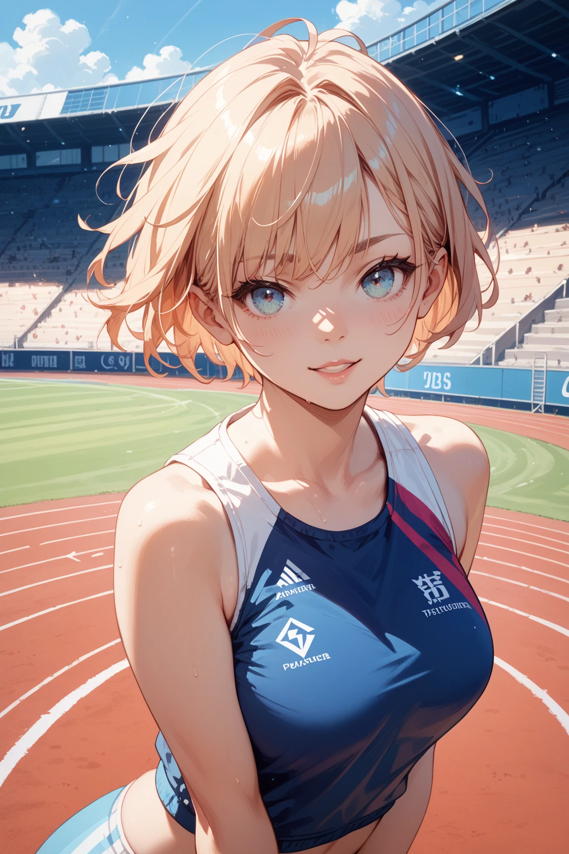 There is a woman with short hair and sharp eyed eyes at the track and field stadium。A body that has been narrowed down without waste makes me feel physically beautiful。