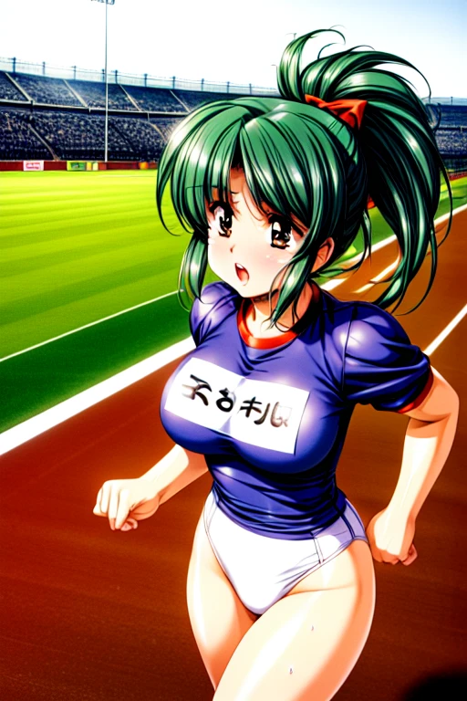 <lora:Sawady:0.8>, Sawady, 1girl, soro, blue hair, short hair, red eyes, aqua hair, hair ornament, 1990s (style),
buruma, blush, gym uniform, open mouth, name tag,
masterpiece, high quality, very_high_resolution, large_filesize, full color,