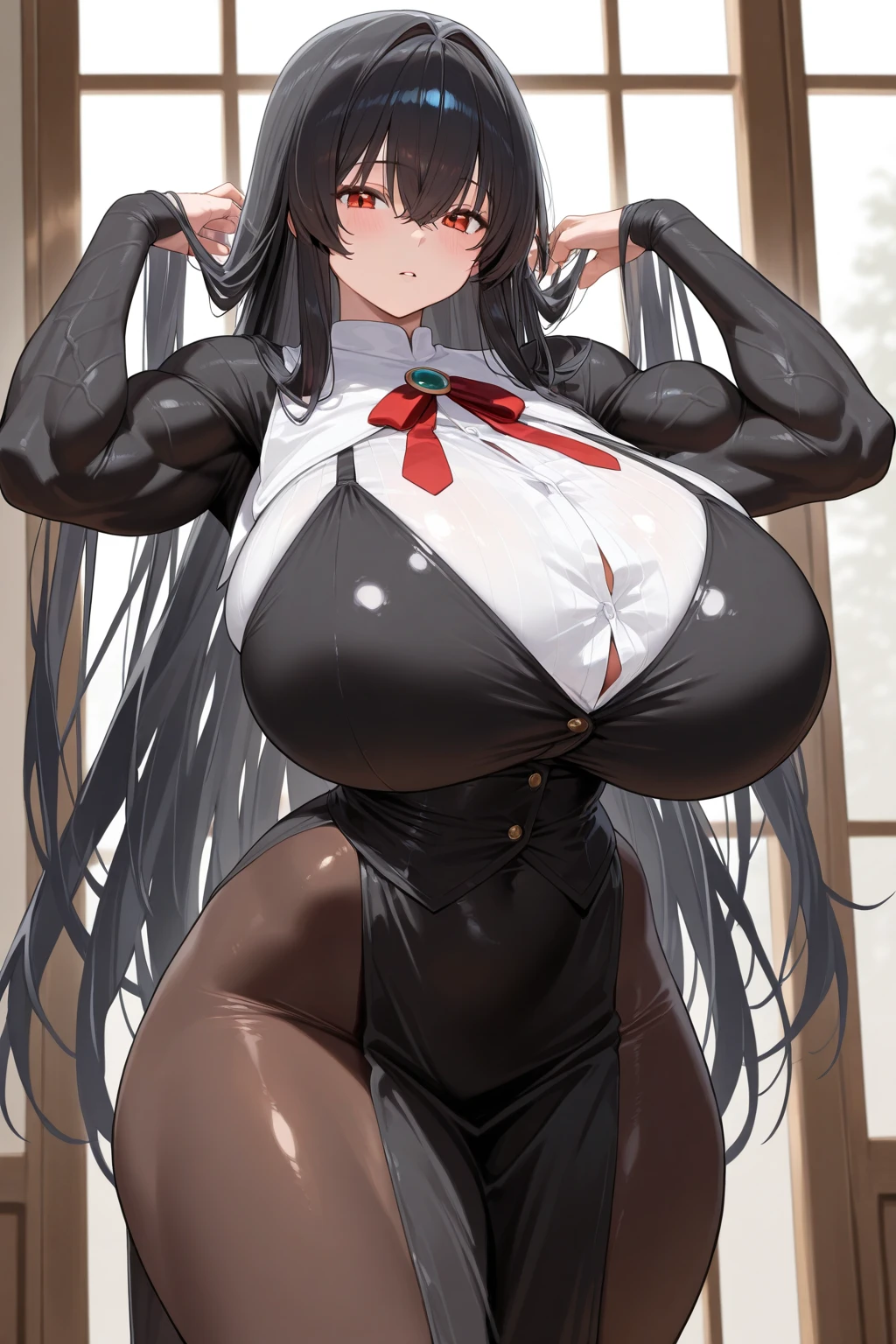 masterpiece, best quality, 1girl, solo, noir, playboy bunny, black leotard, bowtie, detached collar, wrist cuffs, fishnets, fishnet pantyhose, fake animal ears, very long hair, curvy, thick thighs, huge breasts, wide hips, standing, looking at viewer, smile, shy, nose blush, white background, (tan:0.6)