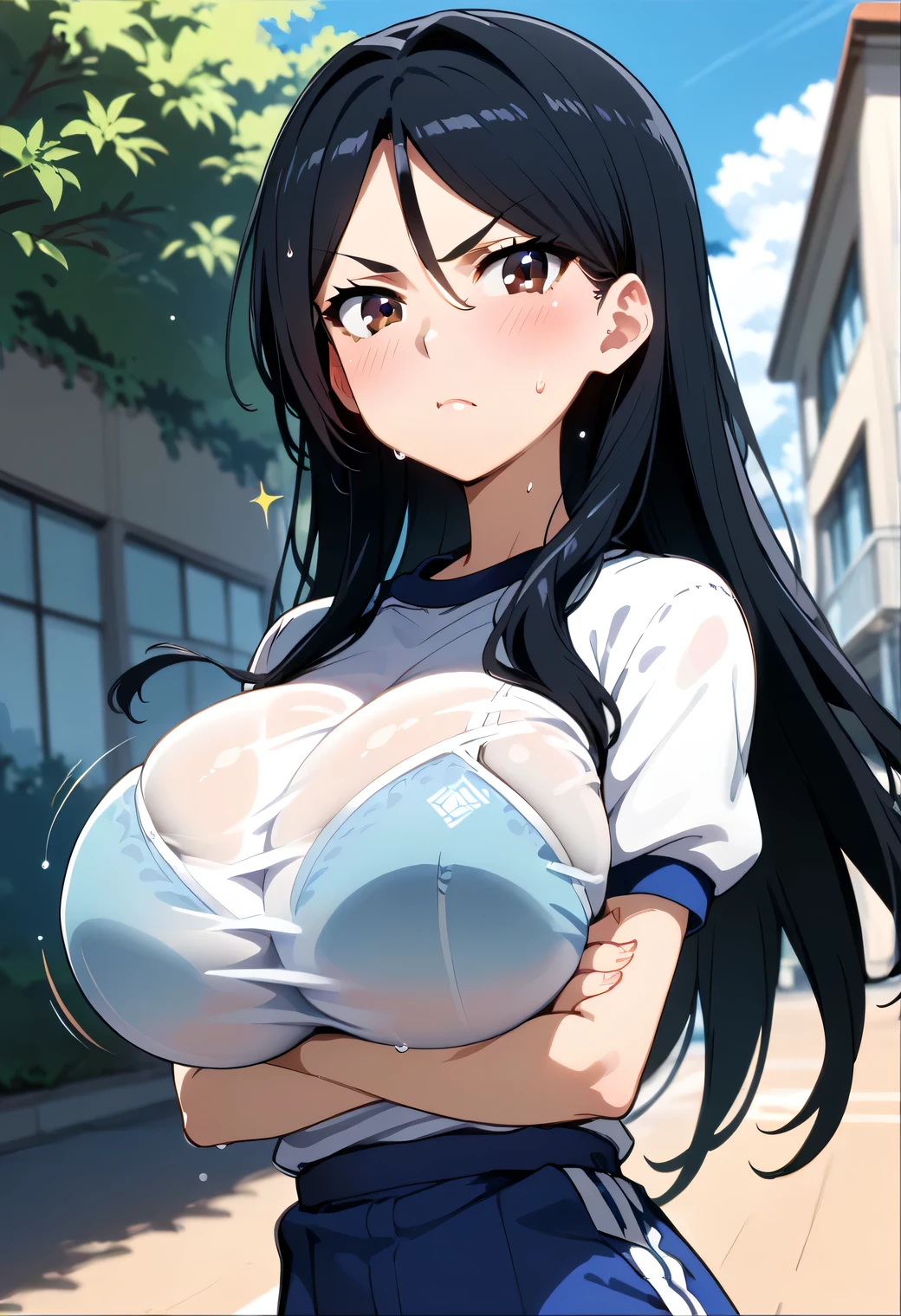 (Upper Body),alone,Medium Shot,18-year-old,(Schoolyard,Outdoor:1.3),(masterpiece:1.4),anime,Portraiture, 8K,Realistic, 18-year-old,Elegant mature woman, Brown eyes, (Black Hair:1.4), smile,Big Breasts,(Gym clothes with short sleeves:1.4),(Transparent white gym clothes:1.4),(arm behind head:1.4),(Outdoor:1.4),(rain,Schoolyard),Wet,(wet cloth:1.4),Sweat,Straight long hair, Beautiful breasts,(See-through nipples:1.3), 4K resolution, High quality CG, Beautiful CG, Soft Light,(wet:1.3), 