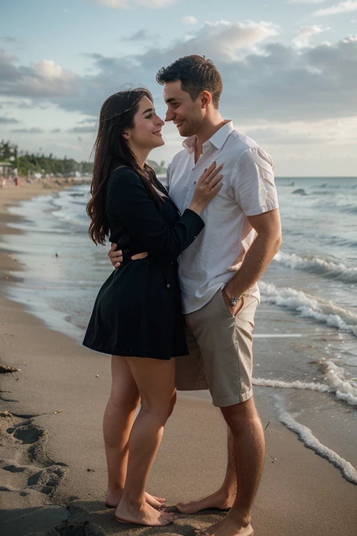 Um casal sentado na areia conversando de casaco preto e mostrando o mar, imagem para capa de musica