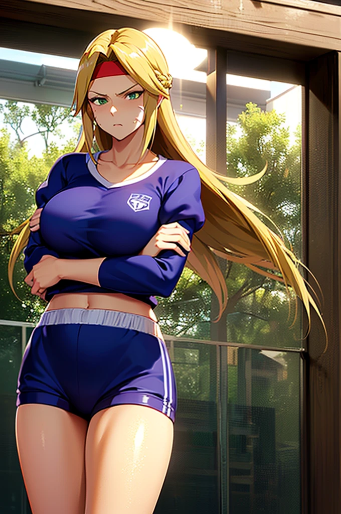 (highest quality:1.3), blonde hair ponytail, medium chest, erect nipples、Transparent tight camisole, tight pants,open jacket, track pants, Are standing, cleavage, (throw, close shot), smile