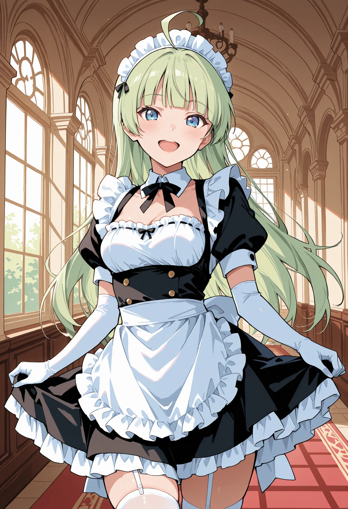 A blonde maid, green eyes, black Gothic costume, quietly cleaning in the castle