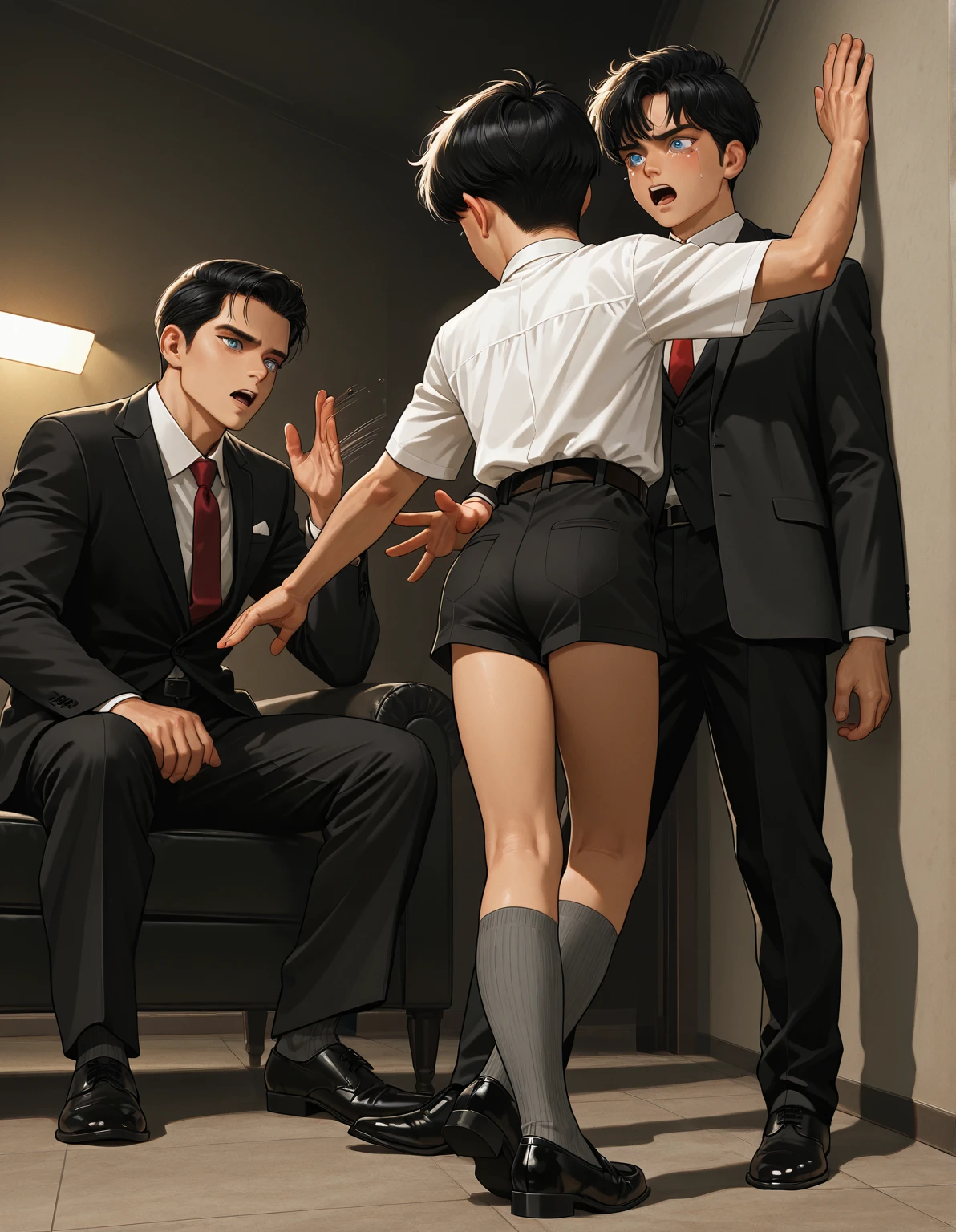 NSFW、masterpiece、A highly detailed、profetional lighting、pretty skin、illustratio、A boy about 13 years old、gay、perspiring、barechested、pene、Insert into the buttocks、masturbation 、Rubbing the、Crowds、Put on a collar、Expand your butt hole、Big butt hole、sex toy、A dark-haired、short-haired、Lots of people、Large crowds、covered in cum、forced、I'm about to cry、humiliated、luxury hotel、orgasm、