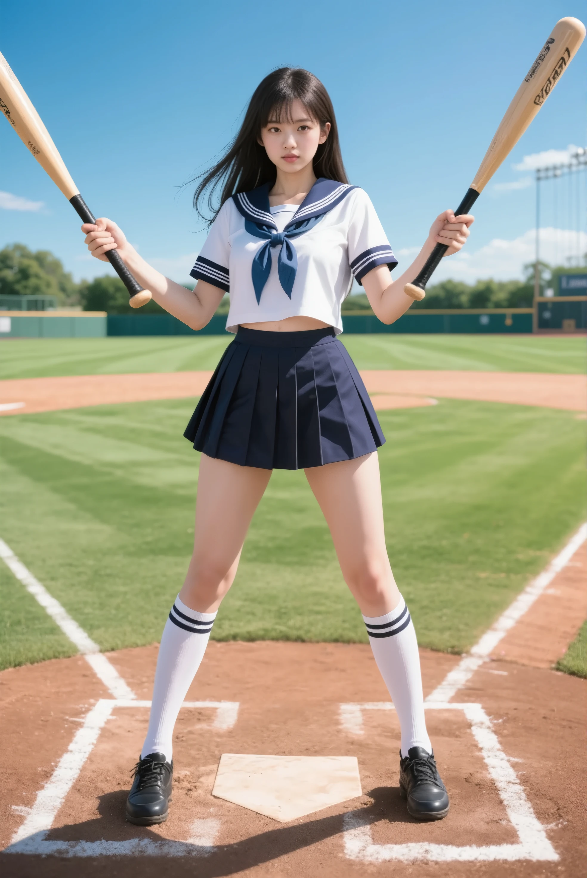 japanese girl、girl in her 20s、perfect body shape、Transparency、modest chest、school's、navy blue tie、navy blue skirt、light blue shirt、Gravure idol pose、Huge mean thighs、((spread legs:1.5))、((Sticking the baton in her pussy:1.5))
