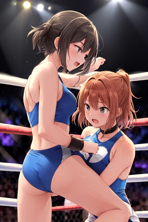 NSFW , In the Jungle Boxing ring , Small woman and big woman , Fullbody shot , Wear Monokini swimsuit with pantyhose , Female boxing Face to face, So huge breasts.