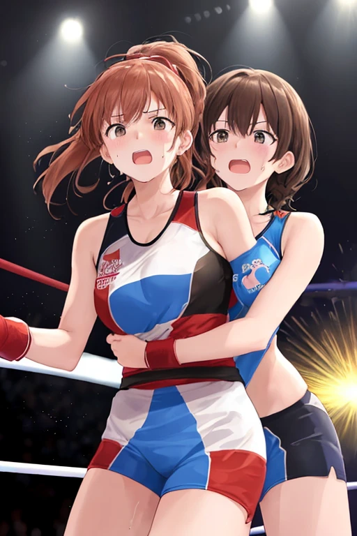 （Best quality at best），（tmasterpiece），（2 girls），beautidful eyes，（delicated face），perfect  detail，（best illuminate），（Boxing girl）、sweat leggs、rough breath、（boxing ring, fall down,punching another:1.5）、sweat shorts、perfectfingers、Perfect limbs、（Shiny skin）、musculature，Waist line，（Ultra Fine CG：1.2），（8K：1.2）rendering by octane，