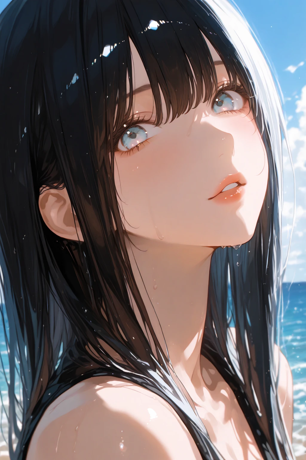 Beautiful girl of the people,Almond Eye,Highest quality,masterpiece,detailed,night,一Beautiful girl of the people,Shadows reflected on the water,The sound of rolling waves,In a place where time has been forgotten,Quietly close your eyes,Close up of face,Face forward,Anime Images,