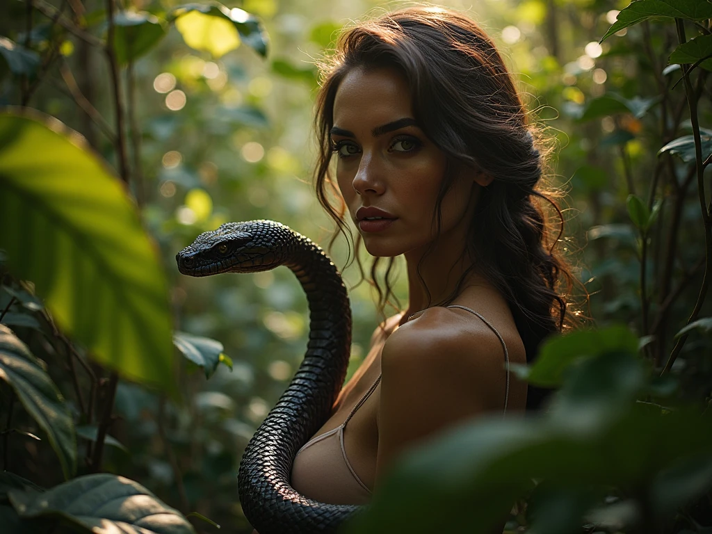 Magnificent detail, 8K Photos, hyper- realism, realistic background, visual depth, wide angle lens, all-body, 1 beautiful blonde indigenous Tupi Guarani woman naked, covering the private parts with a snake. standing. barebody. Facial expression seduction, seducing smile. captivating stare. Indigenous facial painting. plume on head. Amazonian Brazil setting. brazilian forest. Spectacular beauty. 5-meter snake. Woman holding the snake's head with her hand near her face. Woman looking into the snake's eyes. Woman facing forward, looking at the photo. Snake coiled around the woman's body. Woman with a thin waist and a big butt