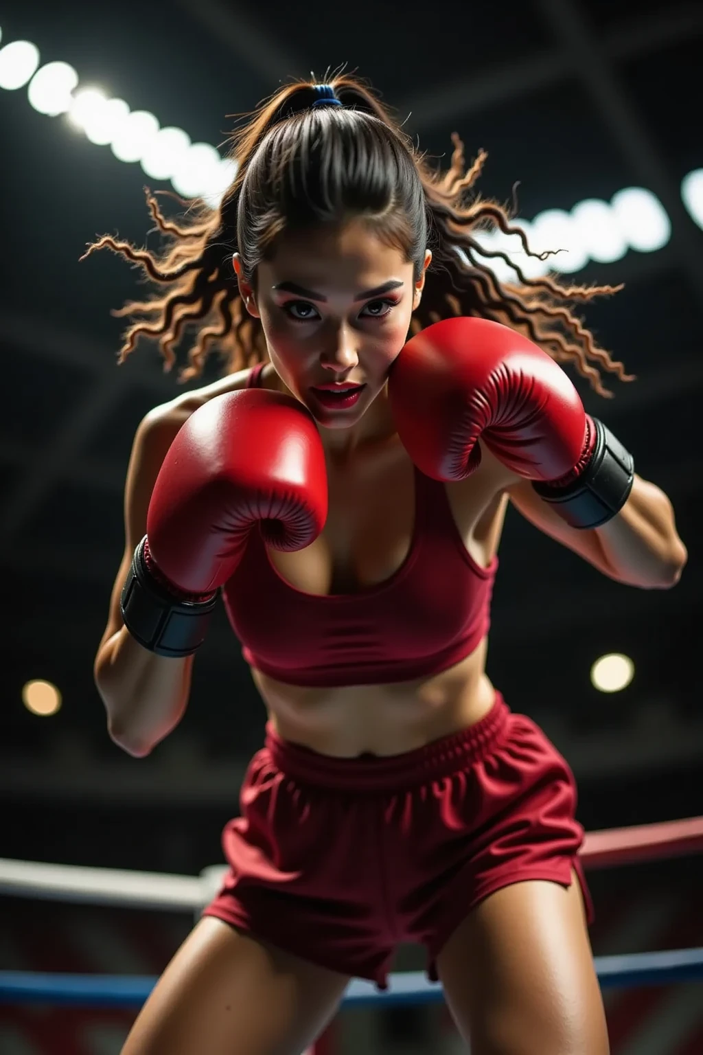 A woman in a boxing ring, wmma. A woman in a black tank top and red boxing gloves. Portrait of a boxer, in a combat pose. His right arm is bent backwards, as if prepared to throw a punch, while his left arm is forward, in a defensive position. She looks intently at her opponent, with a serious and focused expression. fierce expression, sweat on face, boxing gloves, [Realistic], (strong lighting: 1.2), (boxing ring scene: 1.1), (4k resolution. Black sports bra and shorts, boxer gloves, with attentive eyes, boxing stance, waist 1 hyper-realistic real photo, frontal close-up, swinging a boxing glove in front of the camera with passion and anger, preparing to throw a strong punch Completely Arafed woman with green eyes Pose of a. strong, muscular woman, determined expression, fierce look, athletic build, confident pose, beautiful young 25 year old black woman with voluminous dark skin with brown highlights, green eyes, beautiful green eyes, realistic, detailed, ultra-realistic, green eyes. symmetrical, hyper-realistic (eyeliner, long and perfect eyelashes, the nose is small and proportional to the face and the soft contour of the face that accentuates the high cheekbones, attractive and irresistible mouth, full lips, voluminous lips,). seductive lips, captivating black lipstick, striking, unforgettable and enigmatic. The face is oval, with high cheekbones and a well-defined chin, a beautiful and detailed face. Black lipstick, gothic makeup. Skin tone: Olive skin, healthy and even glow, with olive skin, dark skin, sexy girl with olive skin, detailed skin texture, beautiful and glowing skin, intricate details, smooth skin, healthy and radiant appearance. Hourglass body, voluptuous body, slender woman, Huge breasts, well-toned belly, slim waist, Wide hips, big hips, huge butt, thick thighs, Long shapely legs. 50mm lens, f/2.8, hdr, RAW photo (8K), high quality resolution 8K uhd, dslr, 2k, 4K, 8K, 16K.