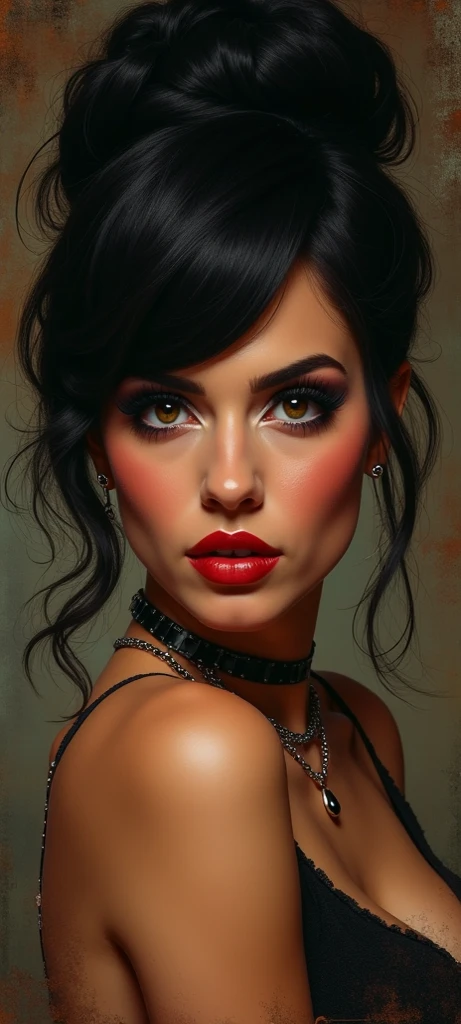 a ((film noir)) portrait painting of looking at the camera with a subtle smile, she is wearing red lipstick and small black earrings and has bare shoulders and ((exposed breasts)), shaft of light, by Gediminas Pranckevicius, Jean Giraud, Russ Mills, Carne Griffiths