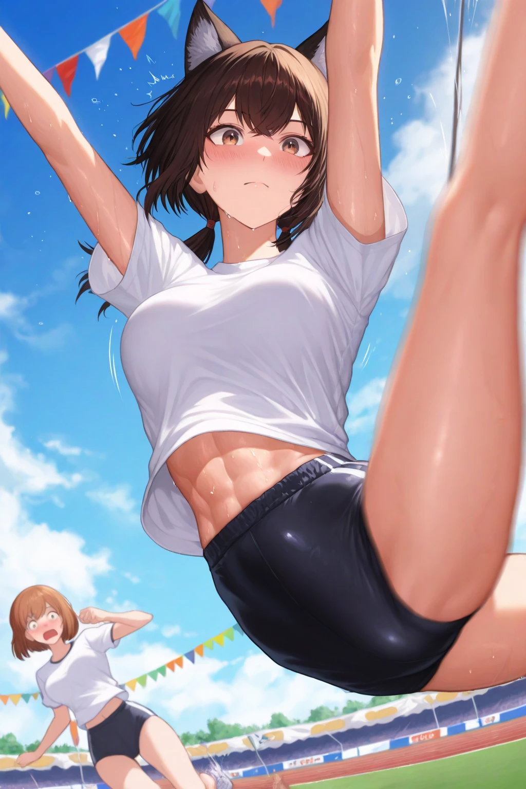 1boy and 1girl, (A boy and a girl fought and the girl won)、 Boy ejaculating from penis、cumshot, ((Boy ejaculating after being kicked by a girl))、(High kick girl)、The girl has a winning smile with leg up、high kick、The boy is falling in front of the girl、((Only the boys lower body is shown.))、
