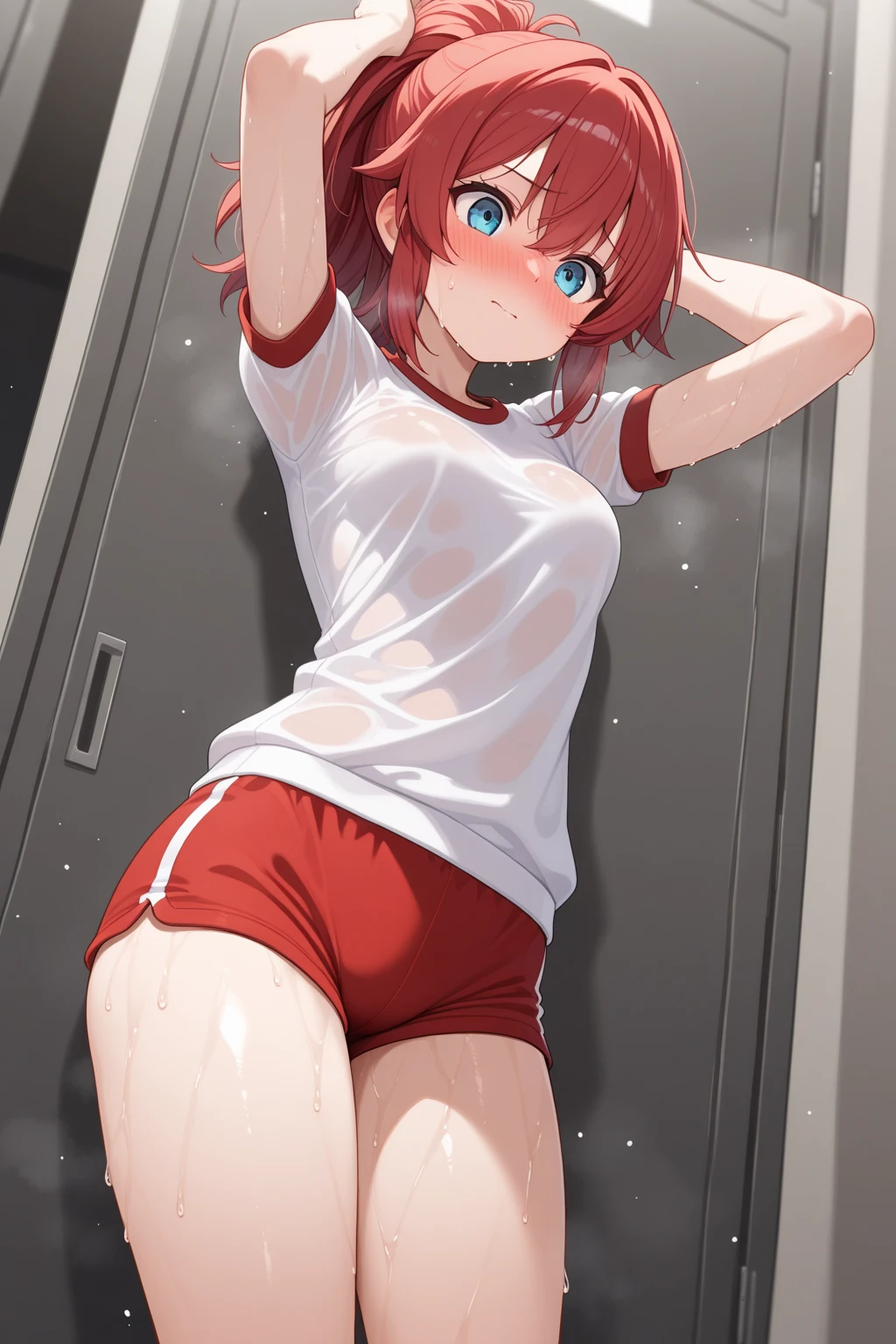 underdressing,Camel toe,Playful,Sticking out tongue,Red Eyes,Sweat,Soaked,liquid,transparent,Expression of disgust,Sitting,Cropped tops,Soles