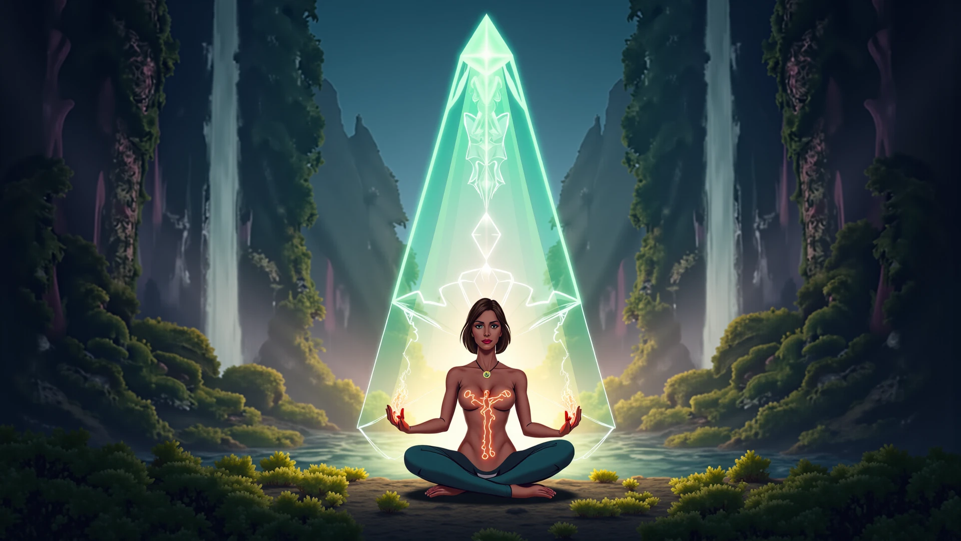 Young tantric priestess with tattoos of percings and an ironman mask on her body meditating on a mountain --auto
