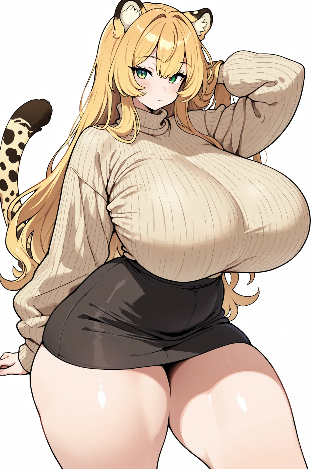 a cartoonish image of a tall female with gigantic breasts standing on a stand, 1girl, breasts, tail, animal ears, blonde hair, green eyes, solo, long hair, cleavage, wooden floor, gigantic breasts, cat ears, cat tail, barefoot, bangs, white camisole, Short stature