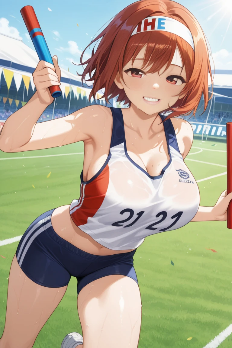(1 person),(Best image quality, 8k, masterpiece:1.3),((Brown hair bob cut:1.1)),(Swept-apart bangs,), (Cute eyes, Dark Eyes), (Mole under right eye), (thin), (Large Breasts),(Glowing Skin:1.1),(Pale skin:1.2),(Fantasyな雰囲気),(look up),Ultra-high resolution, Textured skin, Sparkle Effect, audienceを見つめる,Fantasy,Big glitter eyes,
Lace panties,Cheerleader,Braid, ribbon, Wet body,Sweat,
Cheer uniform,mini skirt,pom-pom,Dancing,Confetti,Outdoor,Stadium,audience,Underarm、Raise your hand,belly button,Cleavage,Jump,smile,
