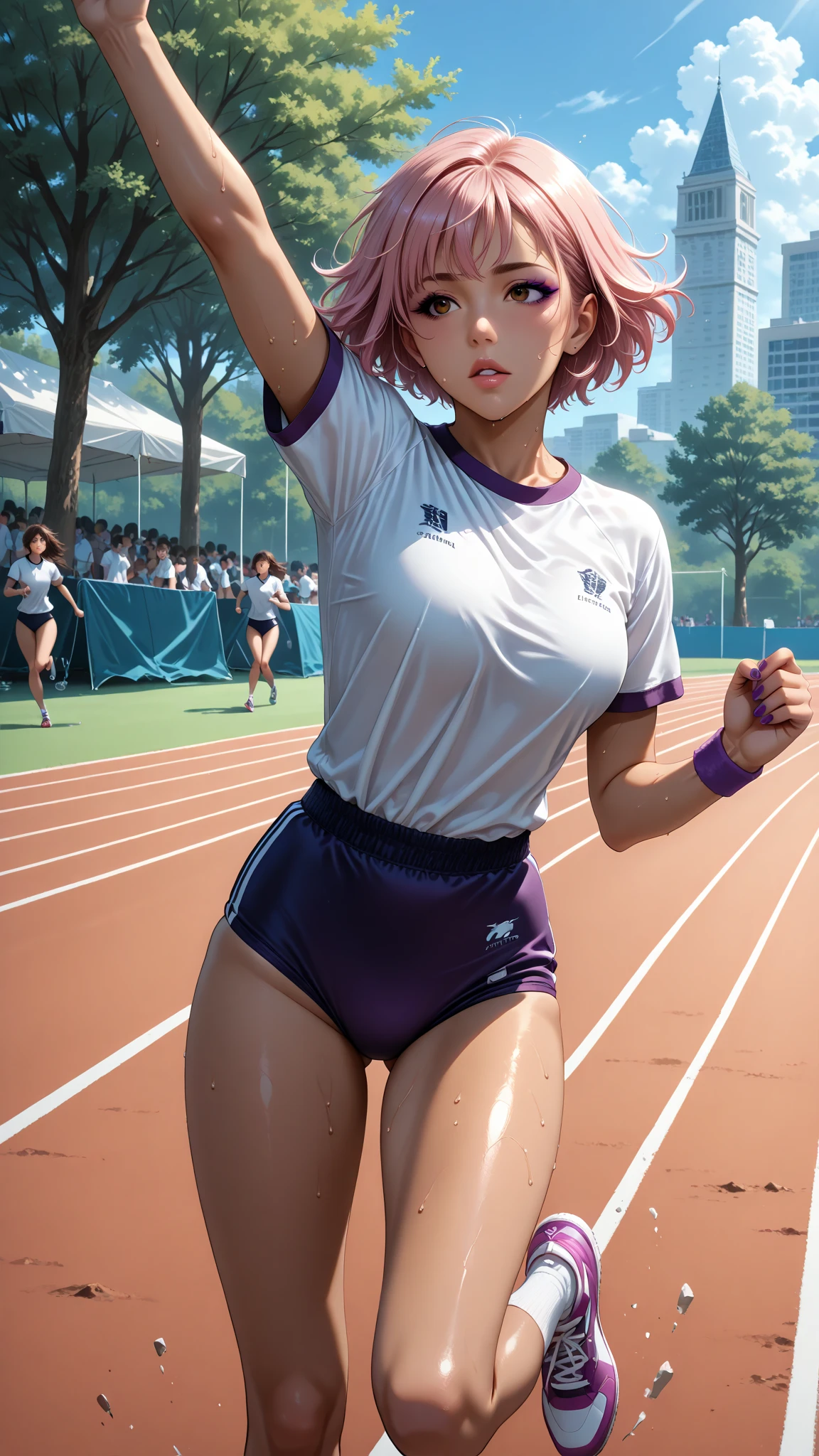 a pink haired woman with violet eyes with an hourglass figure in a sports uniform is running on the track