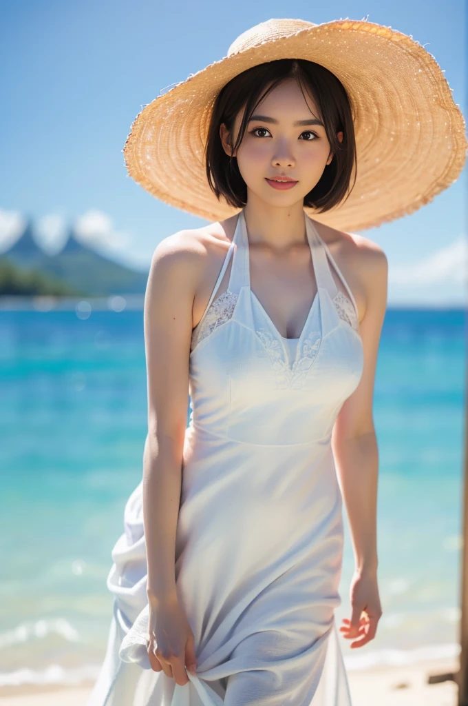 (High Definition), One Women, Japan Person, Cute, Black hair long, Wearing Summer Dress White, exposing front zipper bra-top Baby-blue, Big straw Hat, leaning Side table, Walking on Board walk at Beach Side, looking side glance, spread legs, show woman shape, Straddling a chair, a glass of drink on a table, Natural lighting