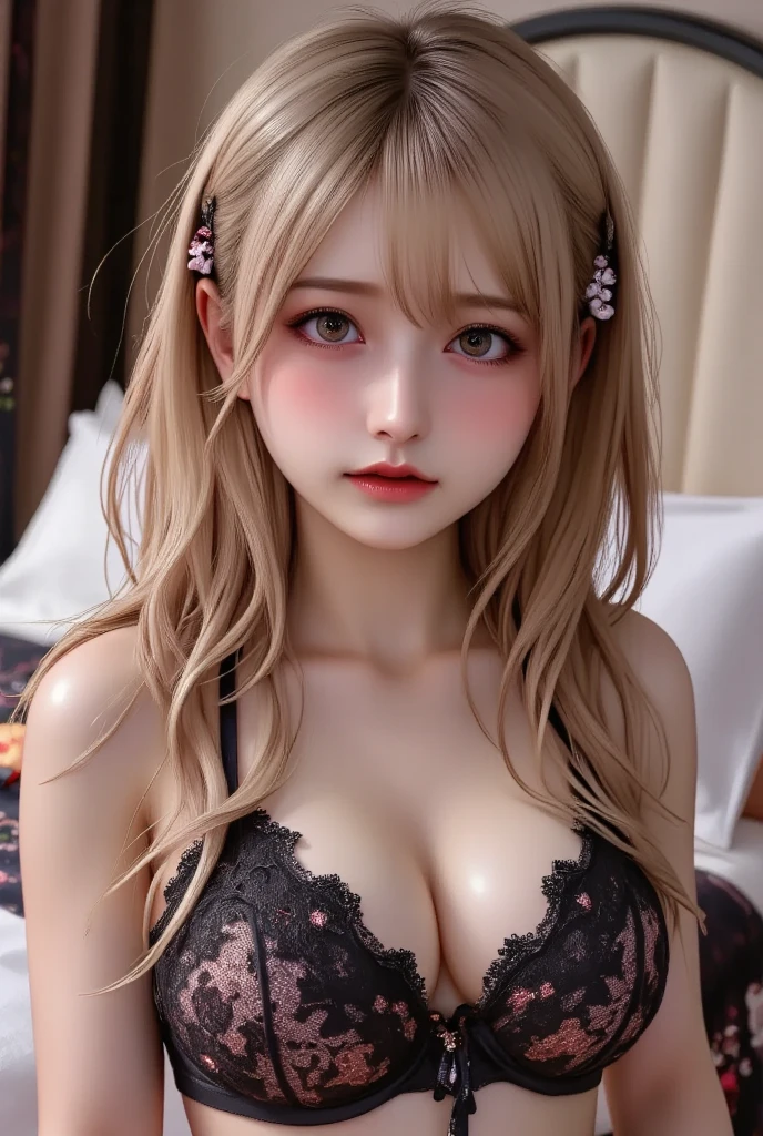 A light blush and a smile, (Masterpiece of the highest quality:1.2) Delicate illustrations, super detailed, /Beautiful Japanese Women、1 person,Very cute and slim、Outstanding style 、((8K images、super high quality))、Very delicate face, Skin and Hair、Red lipstick、Long Hair、straggling hair,(((((Gradient Hair、Blonde))))),Very cute Japanese cut face、Eyes and nose are clearly visible、Kind eyes,(((sexy lingerie、Watching the audience)))、full body shot