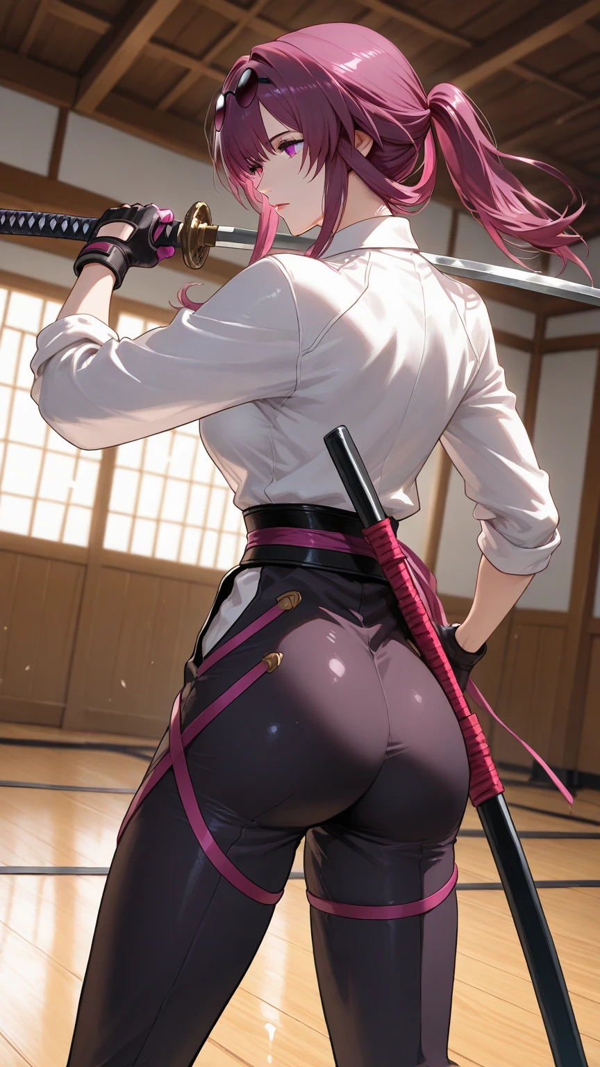 a girl, standing with her back turned, her ass is visible, holding a whip