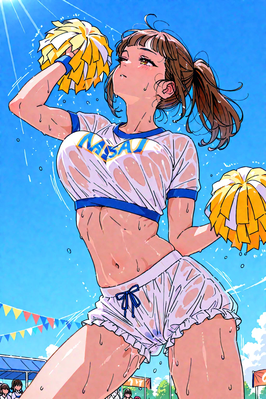 one woman,high school girl,big breasts,Belly exposure,highest quality,Super high quality,Cute face,cheerleader,Cheerleader,Angle from directly below,underboob,sweat all over,