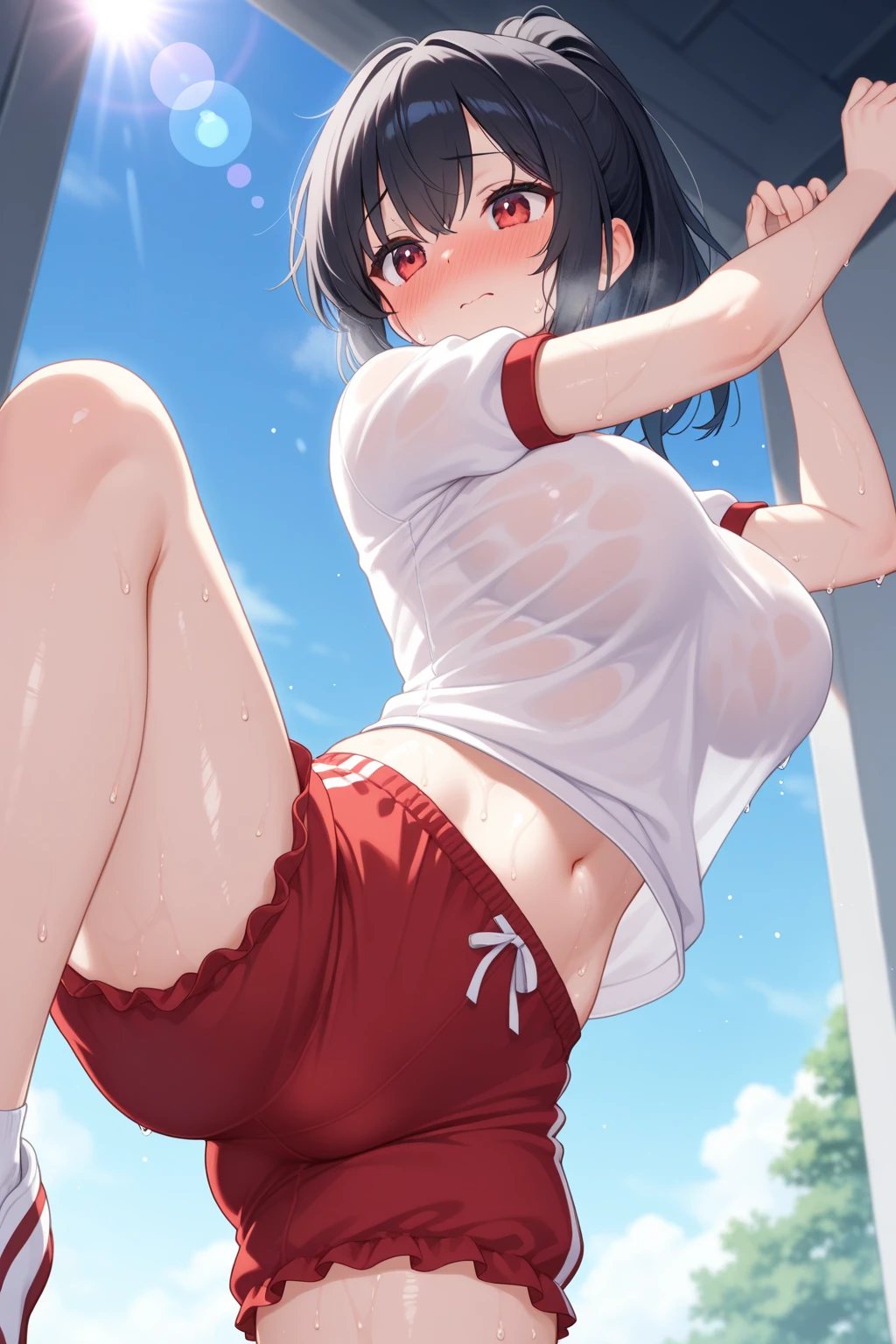 very huge , gym clothes and bloomers, Naoha Kirigaya(Sword Art Online), 1 girl, bob hair, black hair, hair clip, masterpiece, green eyes, highest quality, Sexy、School、dynamic angle, view with camera, full body portrait、A smile only on the lips、empty eyes、sweaty:1.3、blush:1.3、Brainwashed Suguha Kirigaya、detailed skin、detailed costumes、detailed face、knee socks、Absolute area、nipple erection、full body portrait