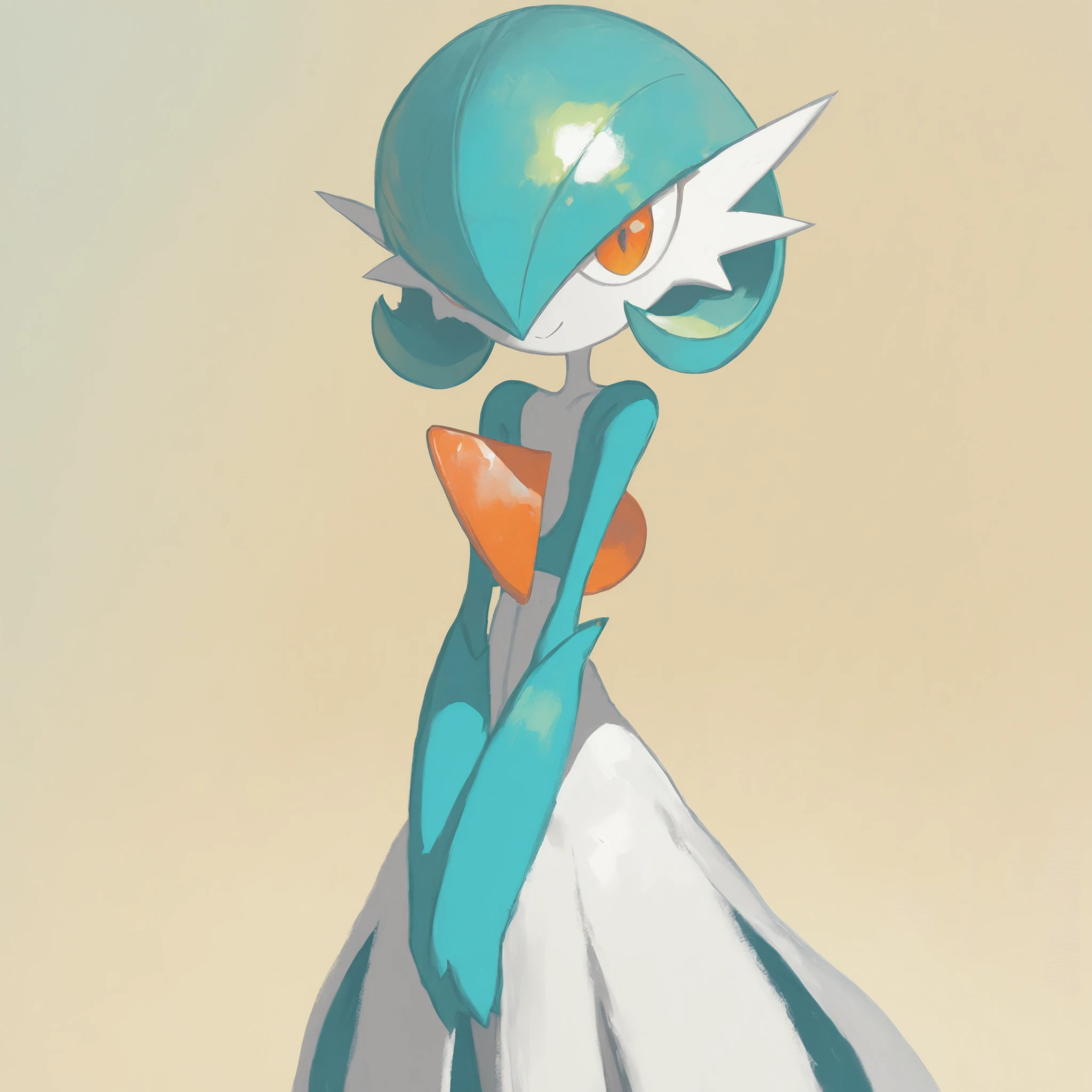 masterpiece, ultra-HD, impressionism, high detail, best quality, very aesthetic, 8k, best quality, beautiful, Gardevoir, 1girl, solo, white skin, turquoise hair, short hair, orange eyes, white dress, pokemon (creature), turquoise sleeves, slim, smile, standing, looking at viewer, simple background, front view