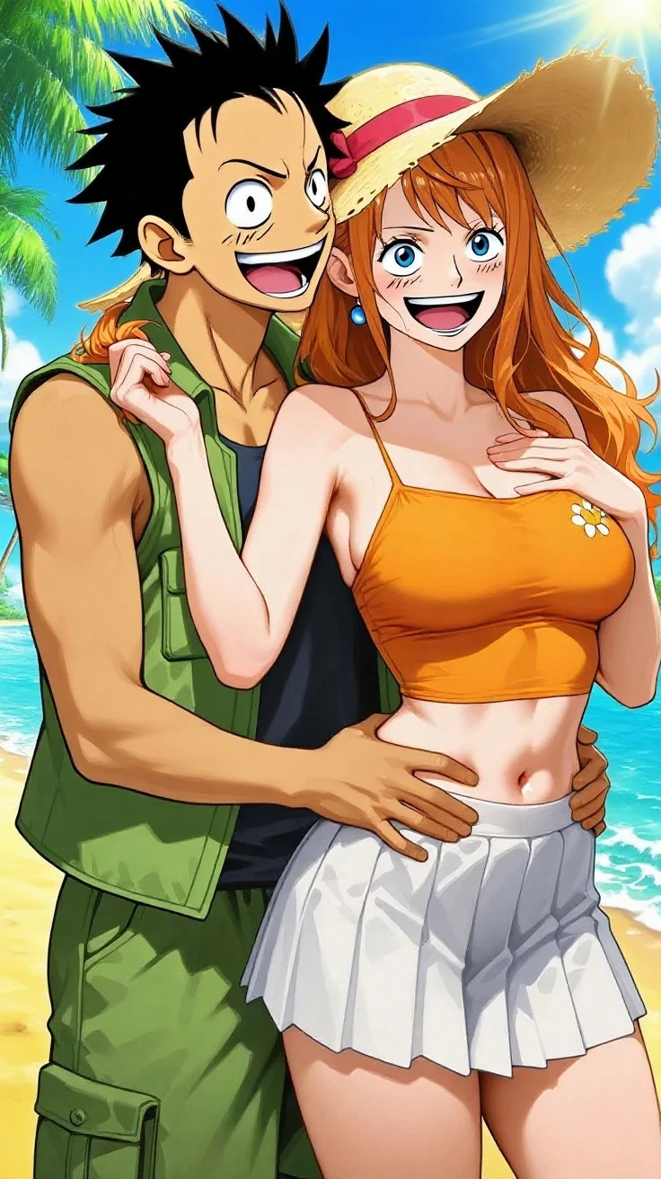 The woman with red hair and green eyes at Seaside and in the arms of her boyfriend Katsuki Bakugo *manhua* *Full length*. *in Bakugo Katsuki's arms* *boku no hero academia* *light freckles* *The girl's boyfriend has blonde hair and red eyes*