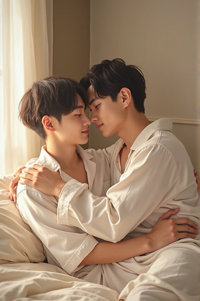 3boys, , a stunningly handsome korean young man with light brown hair, an extremely handsome taiwanese man with medium length curtain blond hair, straddles him in bed, kiss, third handsome man in the background watches them, lean and athletic builds, looking directly at each other lovingly, windows are wide open, sheer white curtains billowing dramatically in the wind, extremely dramatic shadows, romantic atmosphere