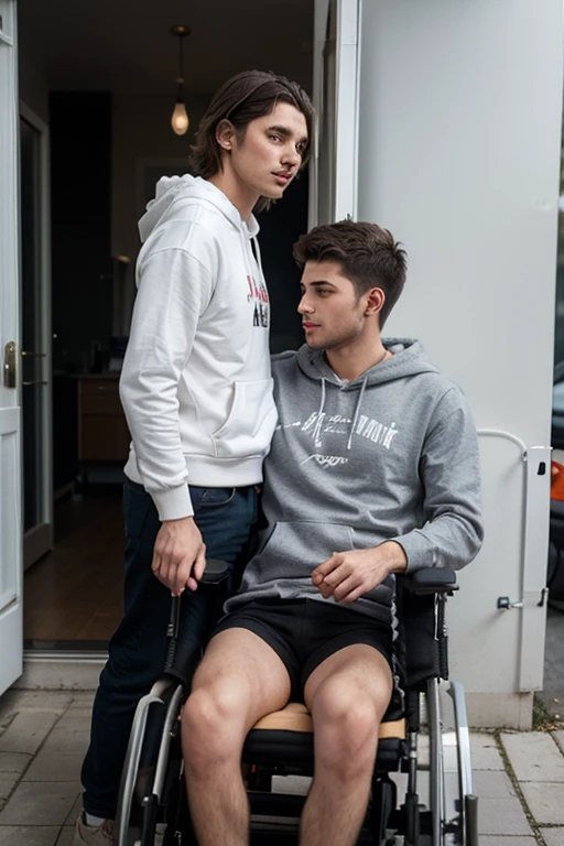 Handsome blond man, He is a wheelchair user, is sitting in a wheelchair with his hand on the wheels, paralyzed legs, gay, the boyfriend is next to him, are in the park and shirtless