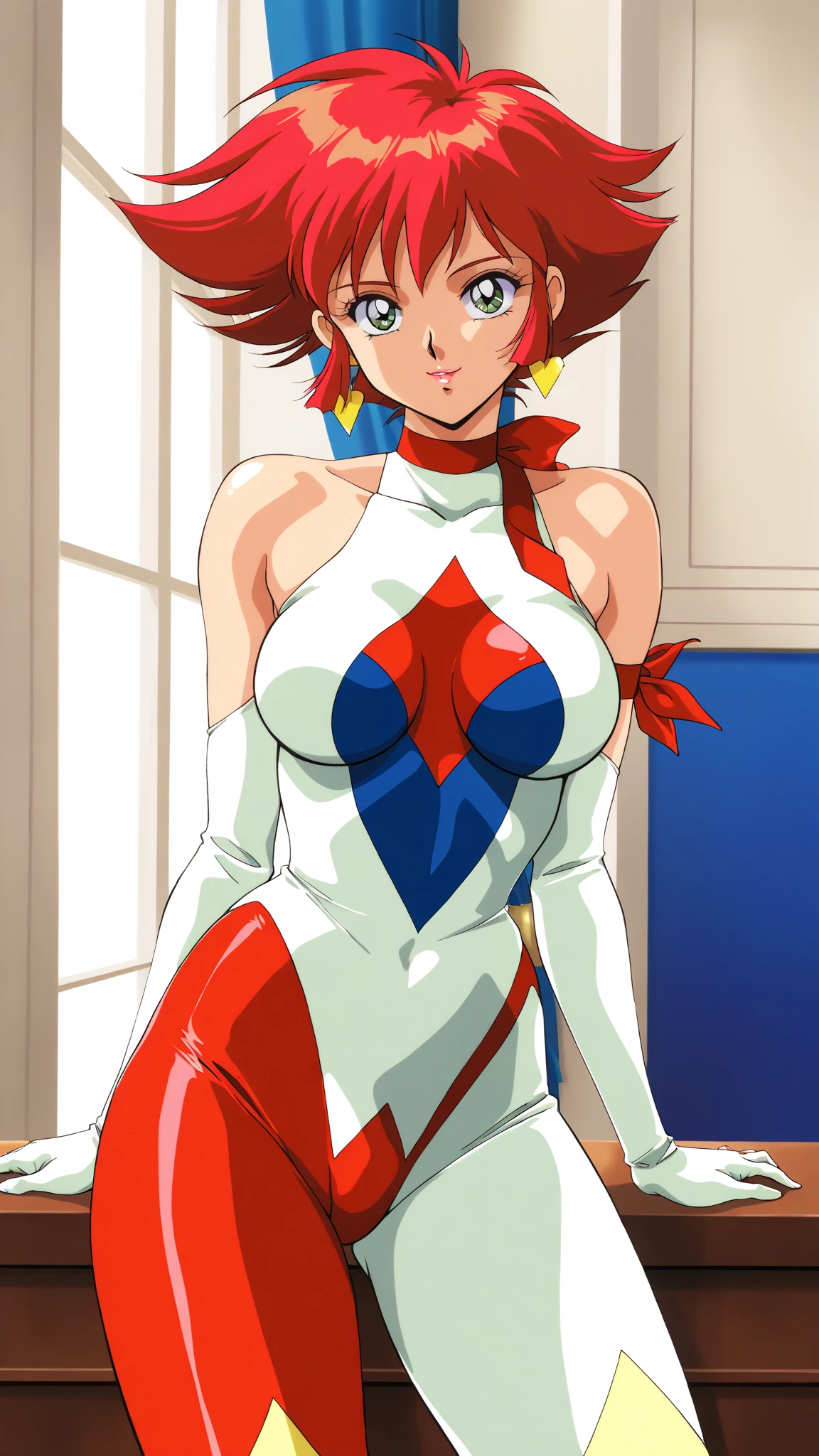 ((masterpiece,best quality)), absurdres,
<lora:Steel_Angel_Karinka:0.7>, Steel_Angel_Karinka, forehead mark, solo,
hand on hips, smug, (wide hips:1), curvy,