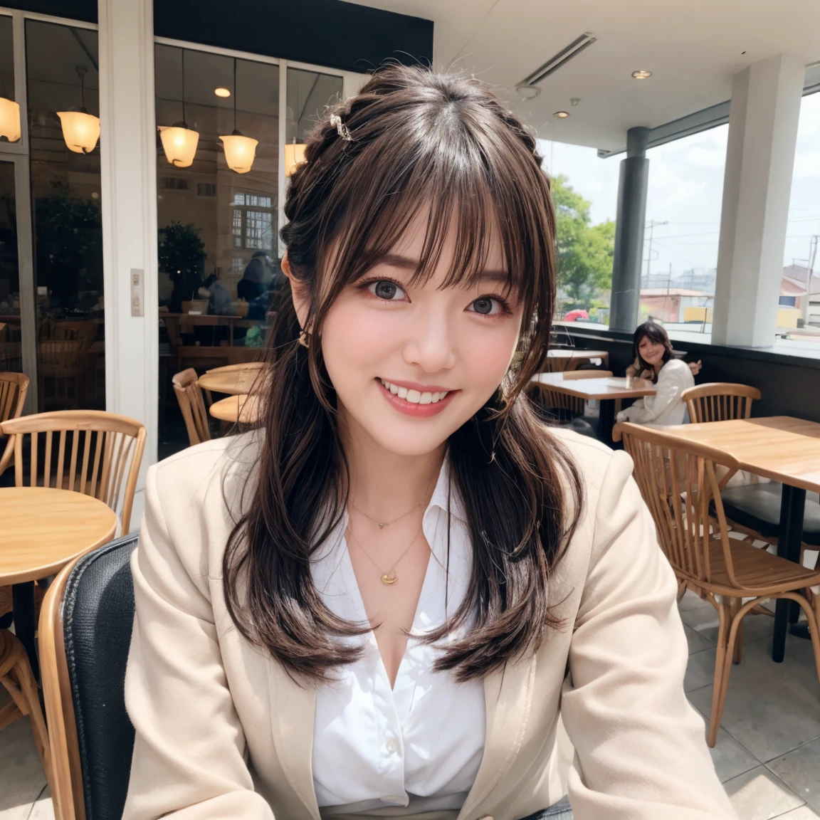 (((Medium Hair))), highest quality, 8k, んdebtdebt, High Resolution, Absurd:1.2, picture, (Raw photo:1.2), (Photorealistic:1.4), (masterpiece:1.3), (Intricate details:1.2), One Girl, solo, Japanese girl, 繊細in美しいディテール, (Detailed eyes), (Detailed  features), , (((Small breasts))), Firm Skin, (look up_in_Audience), from_front, (skin), (highest quality:1.4), (超A high resolution:1.2), Cinematic light, (Highly detailed illustration), (Lip gloss、highest quality、超A high resolution、Depth of written boundary、Caustics、Broad Lighting、Natural Shading、85mm、debt / 1.4、ISO 200、1 / 160 seconds:0.75)、One Girl、solo、Casual wear、Laughter、uniform、necklace、、、Nogizaka Idol、Gravure idol pose、Beauty、通りin、officeレディー、(office)、shirt、work