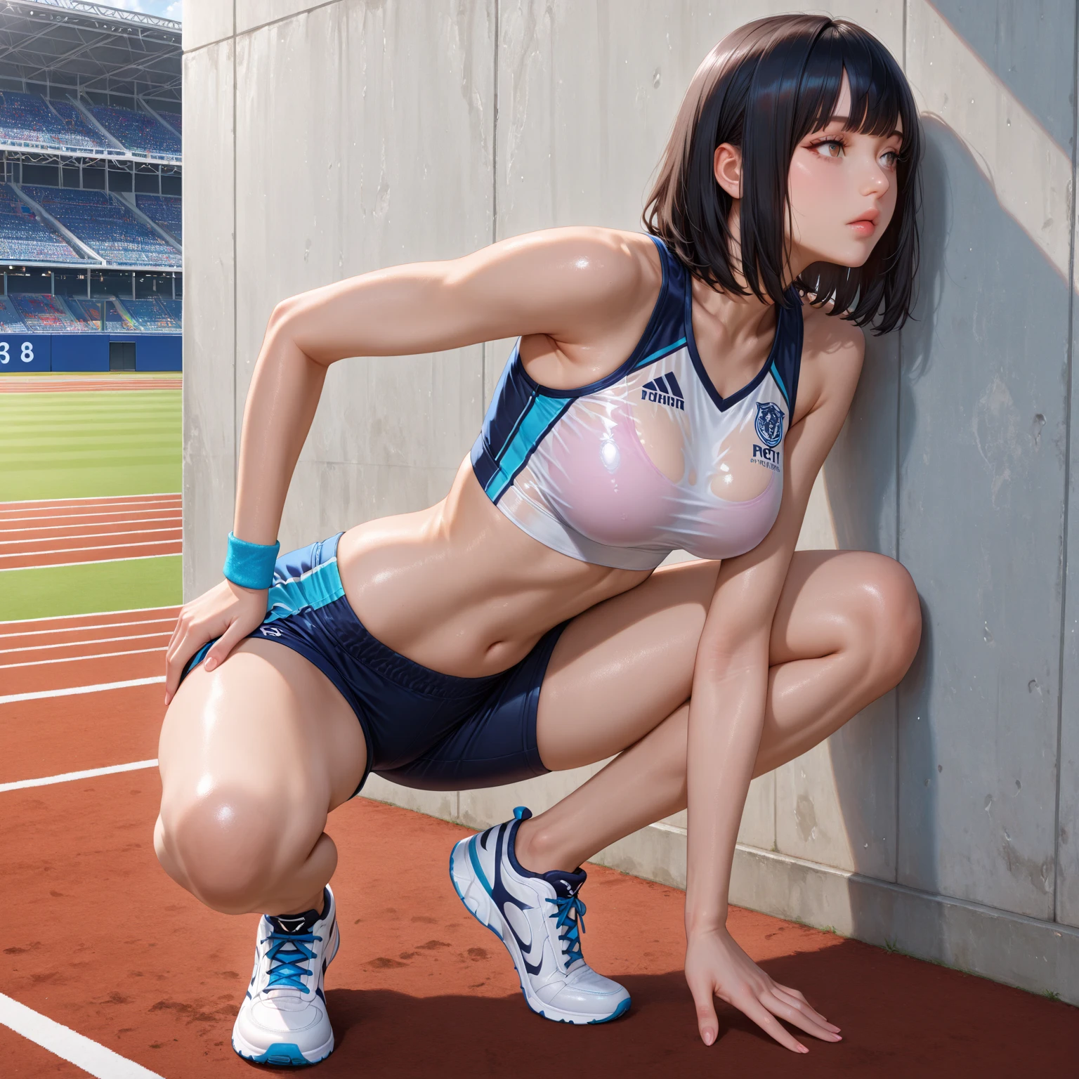 ((masterpiece, In 8K, High resolution, realistic)), (masterpiece, side light, fine and beautiful eyes: 1.2), (Natural skin texture Vibrant details, surreal), armpitのポーズ, armpit, Female track and field athlete on the stadium, ((spread your legs:2)), (covered nipples:1.2), (black skin), (((1 girl:1.4))), ((((alone:1.4)))), detailed face, very beautiful face, high ponytail hairstyle, light brown hair, ((wet hair, water droplets, sizzle)), (gold blush), orgasm face, colorful sequin bikini, big and full breasts, arms behind