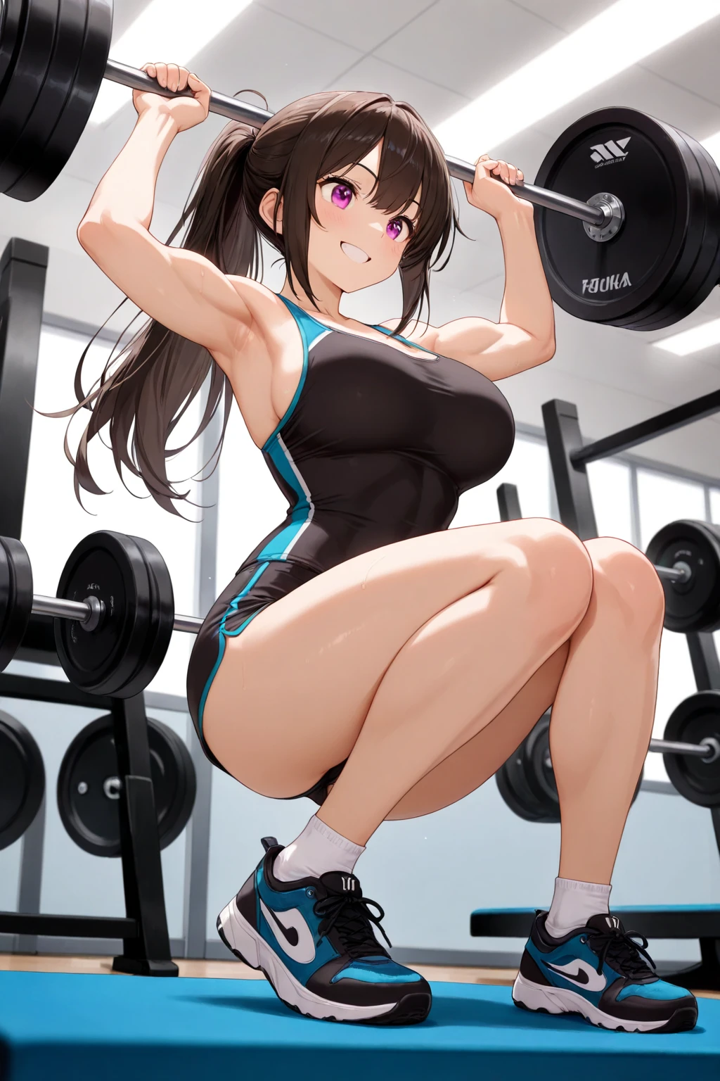 beautiful girl、Big Breasts、Black Hair、Long Straight、Great style、Nice body、Abdominal muscleuscular、Training Gym、Sports Bra、Light purple bra top、Cleavage、Light purple bikini pants、Beautiful buttocks、Toned Legs、Squat、Place your hands behind your head.、The whole body is visible、Sweaty skin、White training socks、shoes、One girl、True Face