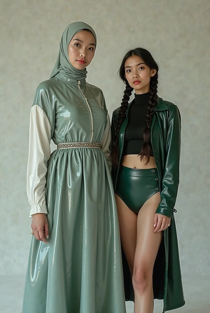 There are two girls. One is wearing a headscarf, 23, There are 1.67 in height. The other girl is 25 years old, has long black hair and is 1.They should be strong and agile, 80 inches tall. Two girl cousins, side by side, full body photos. They should be dressed in sports attire but not revealing clothes. Their clothes should be long. The girl with long hair should be holding a Kalesh gun. The photos should be taken at the Lake of Urfa, with fish.