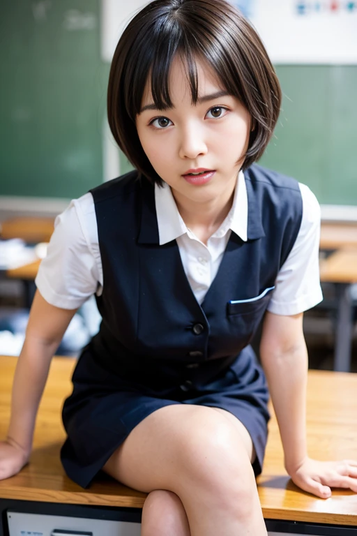 (absurdres:1.3),8K,(detailed photograph:1.5),(detailed face and skin:1.3),(ultra high res:1.5),(photorealistic:1.5),symmetric clear eyes,well-groomed face,(ray tracing:1.3) ,1girl, Japanese,high school girl, BREAK (wearing Japanese high ,white shirt,red school ribbon tie,navy pleats skirt:1.3), BREAK (presenting panties),(green panty:1.1),masterpiece, best quality, highly detailed,classroom, BREAK (Black short hime cut hair blunt bangs),focus panty,cinematic lighting,(blushing:1.3),(Stain on panties:1.4),