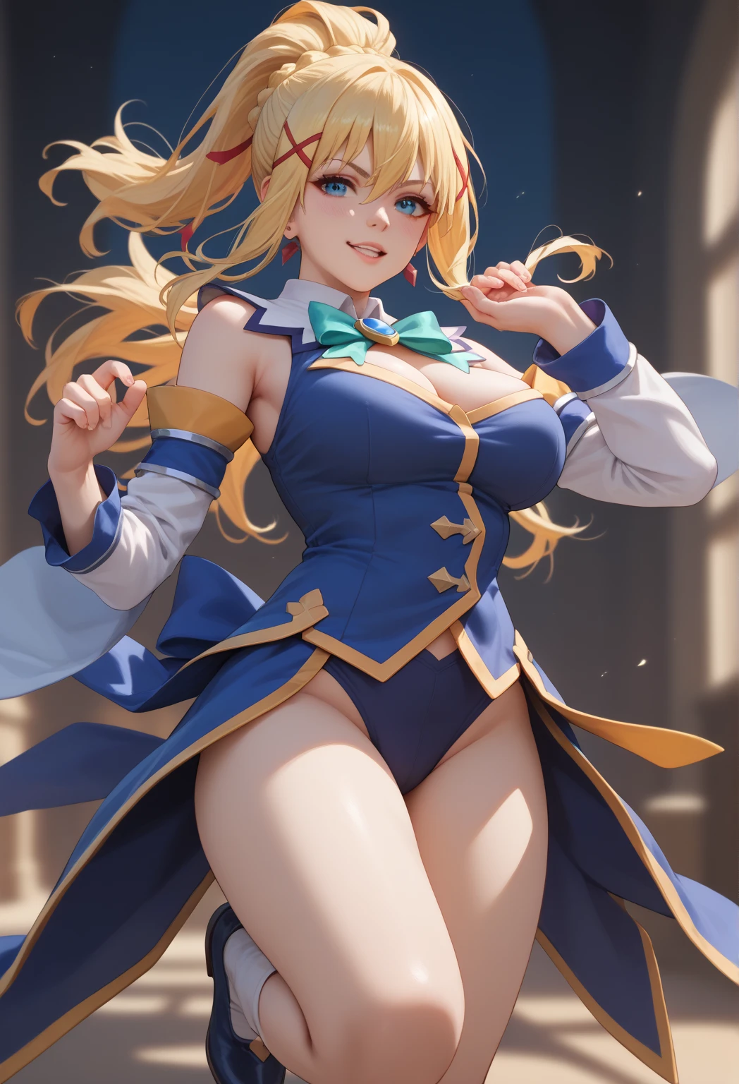 full body standing straight symmetrical, huge boob(masterpiece, best quality:1.2), cowboy shot, solo, 1MILF, mmplatz, smile, looking at viewer, hands on hips, twintails, twin drills, dress, blue pantyhose, striped pantyhose, Handcuffs on their hands, With a collar around the neck